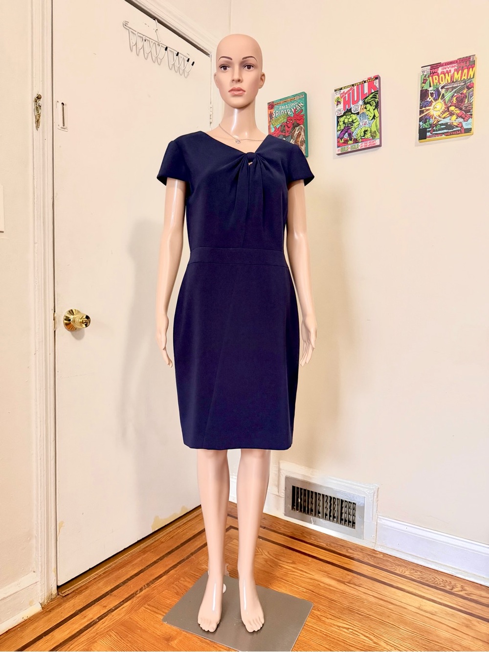 Tahari Navy Twist-Front Midi Dress